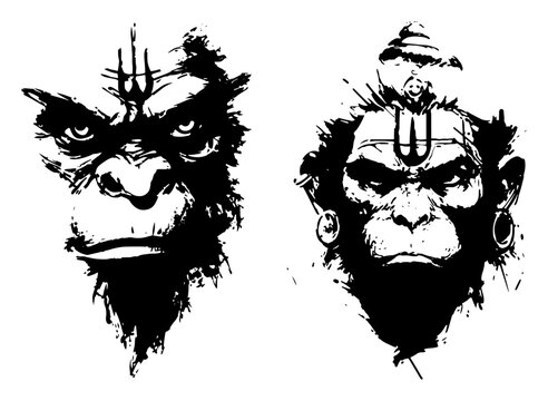 Lord Hanuman And Angry Ape Head Vector Illustration In Distressed Grunge Dry Brush Ink Style