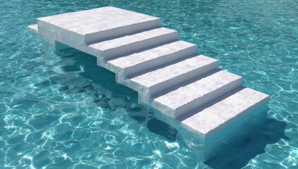Obraz premium Concrete staircase descends into shimmering water, reflecting sun and leading to a platform