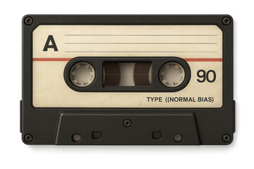 Audio cassette tape capturing retro sound and analog music. Vintage technology concept with old media on transparent background