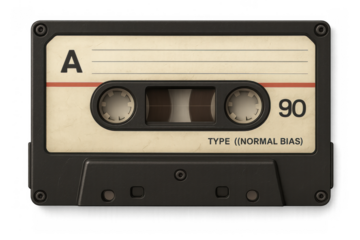 Audio cassette tape capturing retro sound and analog music. Vintage technology concept with old media on transparent background