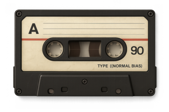 Audio cassette tape capturing retro sound and analog music. Vintage technology concept with old media on transparent background - Powered by Adobe
