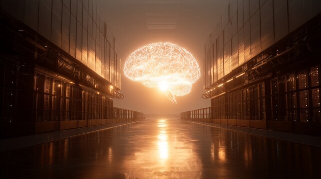 A glowing brain structure hovers above a sleek data center, symbolizing advanced technology and innovation. The reflective surfaces and network lines emphasize the connection of th