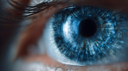 High-tech human eye scanning digital files in a clean. Concept: cyber security, biometric eye scanning, protected digital documents, high-tech data management, a sterile medical-office environment.