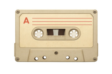 Beige audio cassette tape presenting side a, with recordable lines evoking old music formats, recording, listening, and memory