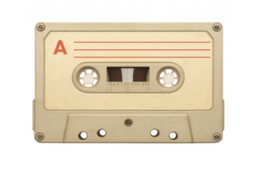 Beige audio cassette tape presenting side a, with recordable lines evoking old music formats, recording, listening, and memory