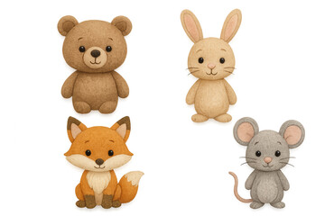 Cute felt animals including bear, rabbit, fox and mouse in soft pastel style, handcrafted plush-style clipart set on transparent background