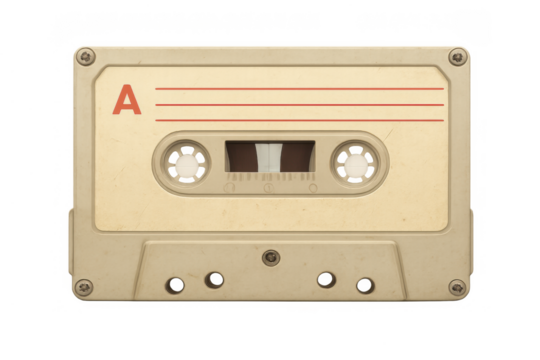 Beige audio cassette tape presenting side a, with recordable lines evoking old music formats, recording, listening, and memory