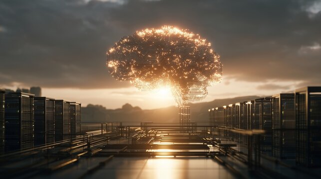 A radiant brain-shaped structure emerges above the rows of server cabinets, representing advanced technology. The glowing brain interacts with the evening light, enhancing the data