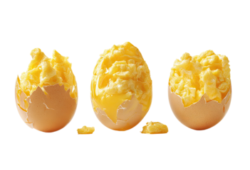 Three eggshells filled with scrambled eggs