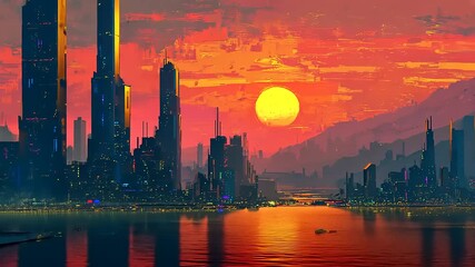 Futuristic city skyline at sunset with vibrant colors reflecting on the water, showcasing modern architecture - Powered by Adobe
