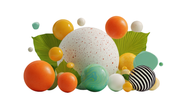 Vibrant 3D spheres and leaves - Powered by Adobe