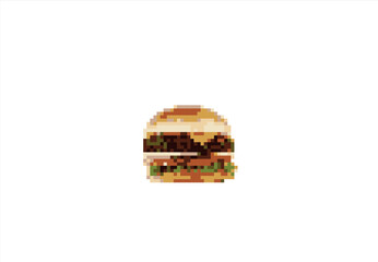 Pixel Art Burger on White Background. 8 bit. Game development, mobile app. Isolated vector illustration.