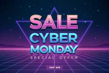 Cyber Monday sale image with neon triangle, retro grid, and starry sky background promoting special offer. generative ai
