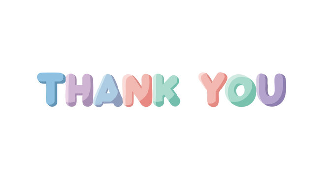 Colorful thank you typography with pastel shades, conveying gratitude and appreciation using a soft and cheerful lettering, isolated on white