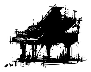 Naklejka premium Grand Piano Musical Instrument Vector Illustration in Rough Grunge Dry Brush Ink Style
