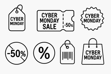 Cyber Monday Icons. Cyber Monday Discount Labels linear icon set. tag with string, price label, coupon ticket, red sticker, price slash, percentage icon, barcode tag, shopping bag