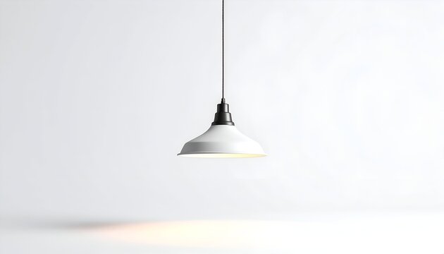 Single pendant light hangs centered, casting light against a bright white wall and floor