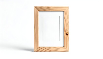 A rectangular, wooden photo frame, upright, empty with a white mat, set on a white background