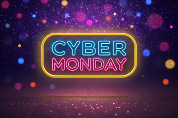 Cyber Monday image with blue and pink neon text in yellow frame on dark purple bokeh background. generative ai