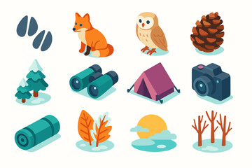 Winter Wildlife Icon Set. Winter Wildlife Camp flat icons set. deer tracks, fox, owl, pine cone, snow-covered trees, binoculars, tent, camera, sleeping pad, frost on leaves