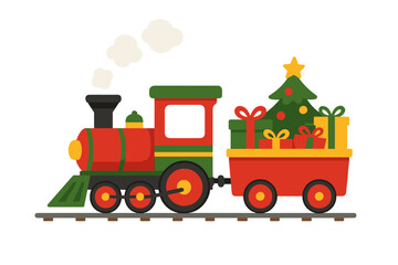 Festive Holiday Train. Festive red train with a steam engine, carrying colorful gift boxes and a Christmas tree. The train is set on a simple track, emitting puffs. Vector illustration