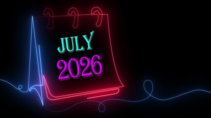 Glowing Neon July 2026 Calendar Animation Featuring Futuristic Light Lines and Vibrant Colors, Ideal for Summer Themes, Event Planning, and Digital Motion UI Graphics.