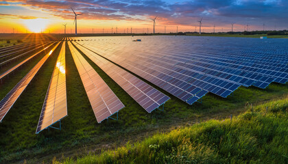 Dramatic sunset over solar panel farm and wind turbines showcasing clean energy and sustainability for eco conscious brands and green initiatives