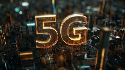 The glowing text '5G' stands prominently amidst a complex digital cityscape, representing advanced technology and connectivity. This scene highlights the intricate data networks an