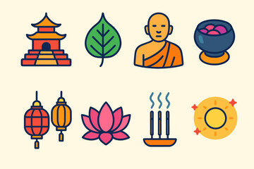 Sacred Journey Icons. Sacred Journey flat icons set. temple steps, Bodhi leaf, monk, offering bowl, lanterns, lotus, incense, glowing sky