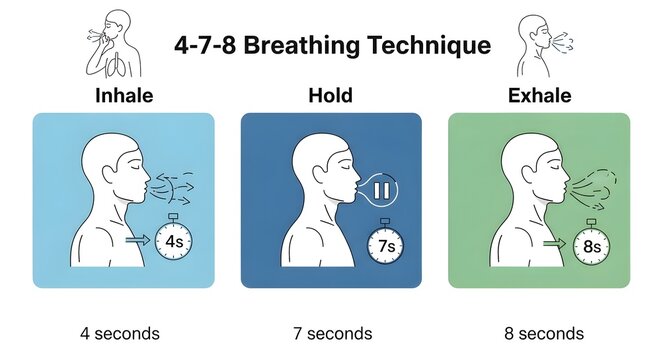 Diagram of 4-7-8 breathing technique for mental clarity, showing inhale, hold, exhale steps.