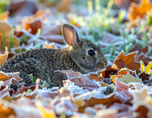 Rabbit peeking from a burrow surrounded by frosted leaves. Ai
