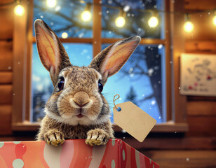 Rabbit peeking from behind a gift box with a tag and string lighting above. Ai