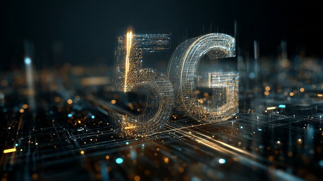 The vibrant '5G' letters emerge from a network of glowing data pathways, illustrating the concept of digital connectivity. This scene emphasizes how 5G technology enables advanced