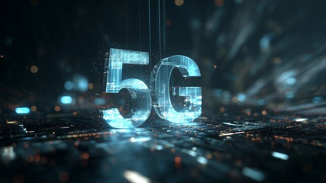 The luminous '5G' letters shine brightly in a digital landscape, illustrating advanced technology in communication. This scene captures the essence of connectivity and modern data