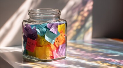 Colorful notes in a glass jar with sunlight reflections on a table,Commitment Day