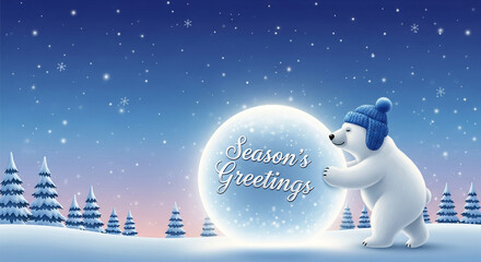 Illustration of a polar bear wearing a hat holding a globe with "Season's Greetings". Represents winter holiday, warmth and festive atmosphere