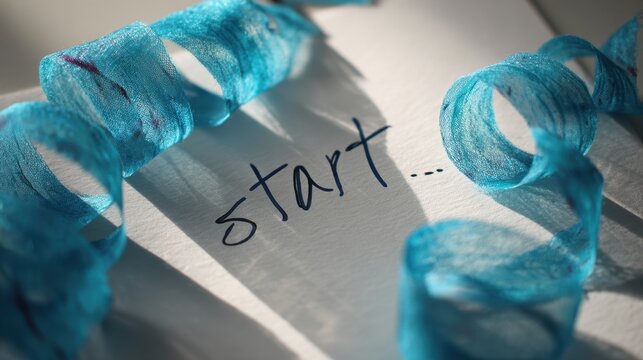 Inspirational beginning concept with blue ribbon and handwritten start text for motivational design,Commitment Day