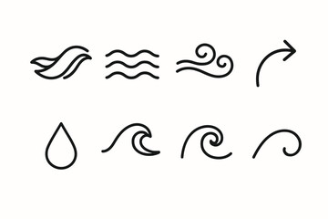 Obraz premium Fluid Motion Icons. Fluid Motion linear icon set. flowing ribbon, ripple, wind swirl, curve arrow, droplet, wave crest, spiral line, path arc