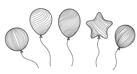 Hand-drawn sketch of various balloons with wavy line patterns, perfect for celebrations and festive designs.