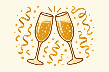 Festive Champagne Celebration. Collection of festive champagne glasses clinking together, filled with bubbly golden liquid, represents joyous New Year celebrations.. Vector illustration