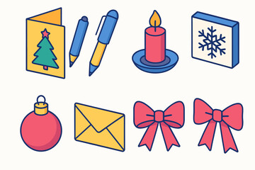 Festive Icon Set. Holiday Wish Writing flat icons set. Christmas card, pen, gift tag, candle, snowflake stamp, ornament, envelope, bow