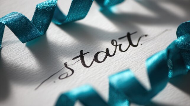 Elegant calligraphy with blue ribbon symbolizing new beginnings or fresh start,Commitment Day