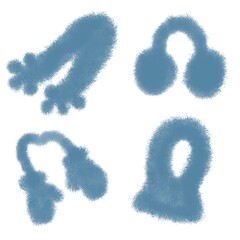 Fototapeta premium A warm, fluffy blue-green hat, fluffy mittens, a fluffy scarf with pom-poms, and a hood