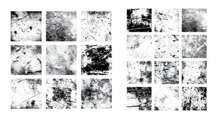 Collection of distressed grunge textures with scratches and smudges isolated on a transparent background