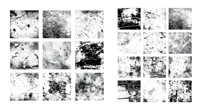 Collection of distressed grunge textures with scratches and smudges isolated on a transparent background