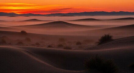 Serene Desert Dusk Landscape Highlighting Rolling Sand Dunes and Vibrant Sunset Sky