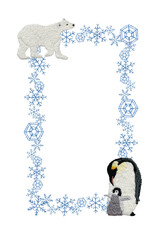 手刺繍の雪の結晶とシロクマとペンギン親子の縦枠