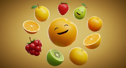 Happy Fruit Emoji Surrounded by a Variety of Fresh Fruits on a Warm Background.