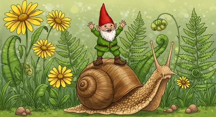 Happy Garden Gnome Riding a Snail Through a Lush Green Meadow with Yellow Flowers and Ferns.