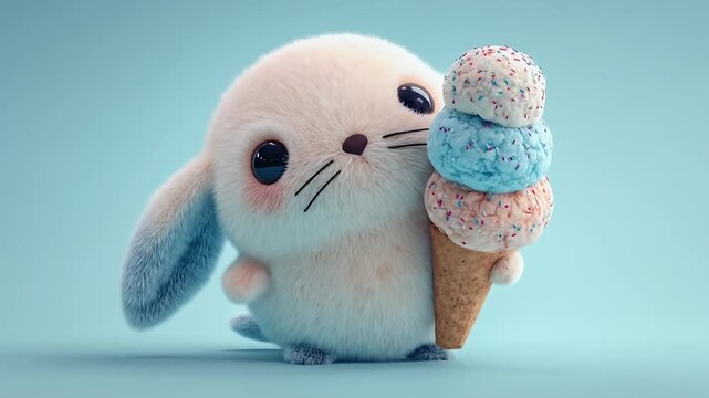 Fluffy toy bunny holding a triple ice cream cone, set against a light blue backdrop. High resolution and stylized for appealing visual simplicity